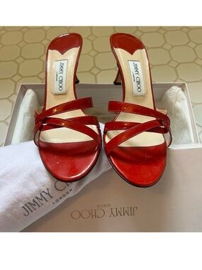 Jimmy Choo Red Patent-Strap Slide Mules 38
